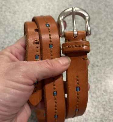 Cinturón fósil vintage de cuero marrón con cuentas de vidrio azul para dama talla M Foto 1 de 4