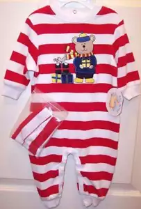 NWT All Mine Boy's Christmas Holiday Bear Striped 1 Pc Romper & Cap, 3-6 Mos. - Picture 1 of 2