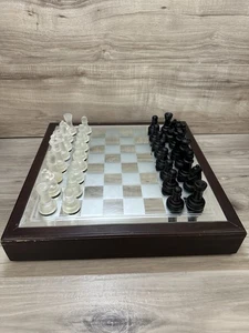 Vintage Wooden & Glass Chess Set w/ Storage Drawers (Clear & Black Pieces) - Picture 1 of 14