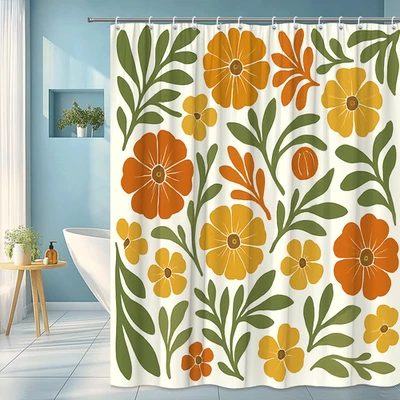 Cortina de Ducha Floral en Naranja y Verde para Decoración Otoño Foto 1 de 4