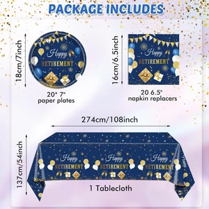Retirement Decorations 41pcs Blue Gold Plates Napkins Tablecloth Serves 20 - Picture 1 of 3