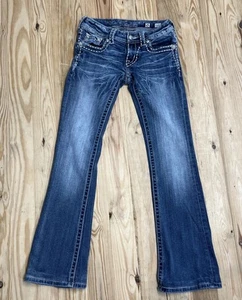 Miss Me Jeans Women Size 25 Low Rise Boot Cut Thick Stitch Jeweled Distressed - Picture 1 of 7