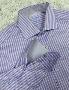 Camisa de vestir Bugatchi abotonada para hombre grande púrpura azul a rayas puño abatible L/S - Imagen 1 de 15