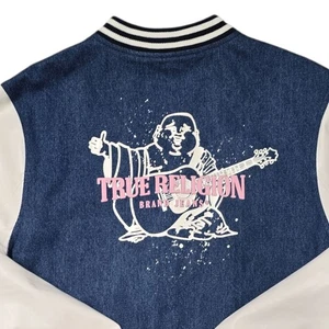 True Religion Buddha Varsity Jacket Womens XL Denim Faux Leather Pink Logo Snap - Picture 1 of 15