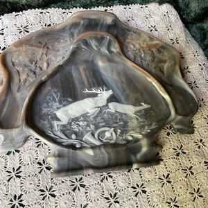 Vintage Genuine INCOLAY STONE Deer Stag Hunting Scene Desk Tray Organizer 11” L - Picture 1 of 9
