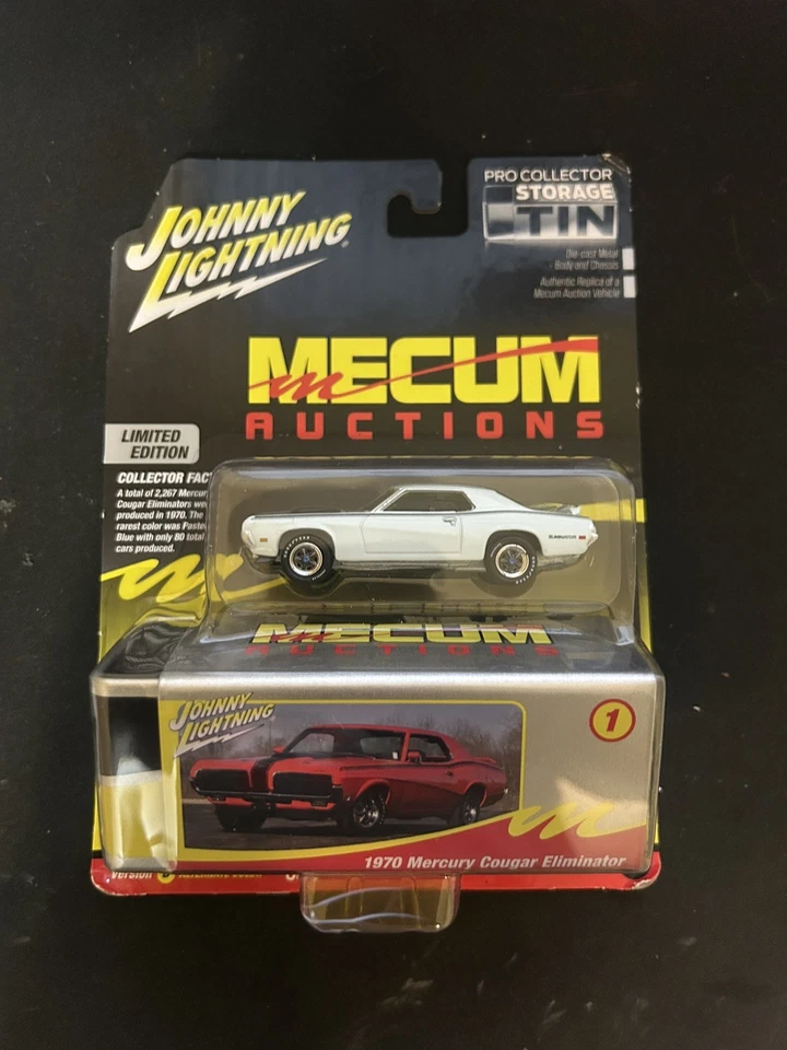Johnny Lightning 1/64 1970 Mercury Cougar Eliminator Blanco Mecum Almacenamiento Lata JLC Foto 1 de 3