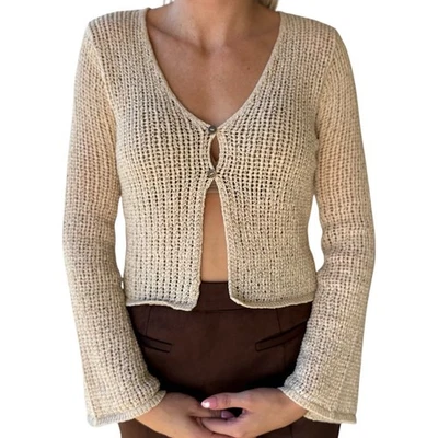 天然喇叭袖前扣钩针编织针织开衫-224MS — 第 1/4 张图片