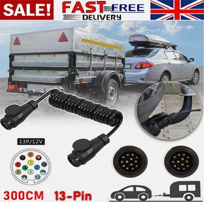 Trailer Light Electrics 3m Coiled Extension Cable Lead Male to Male 13 Pin Plugs - Image 1 of 4