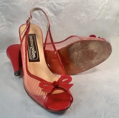 ANDREW GELLER Italy Red Woman Shoes Leather Soles Pumps Sz 7 AA Open Toe - Image 1 of 4