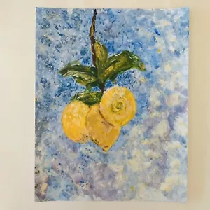 Pintura Original LIMONES Still LIFE Acrílico 11"" X14"" Azul Amarillo Impresionista - Imagen 1 de 3