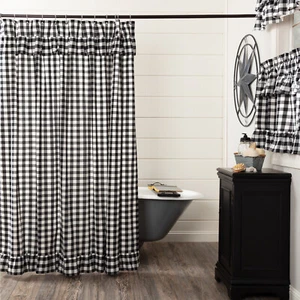 New Farmhouse BLACK & WHITE CHECK RUFFLE SHOWER CURTAIN Checked Fabric 72" - Picture 1 of 2
