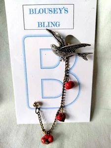 BIRD CUFF EARRING -CRYSTAL AND RED STONES, BRONZE CHAIN - Picture 1 of 2
