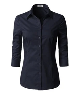 Doublju Women's 3/4 Sleeve Slim Fit Button Down Dress Shirt - Picture 1 of 9