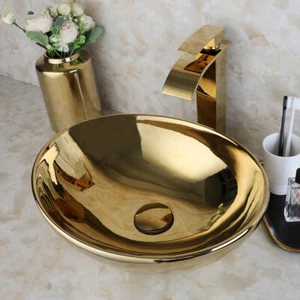 Fregadero de baño ovalado de 16" grifo combinado de lavabo de cerámica dorada - Imagen 1 de 9