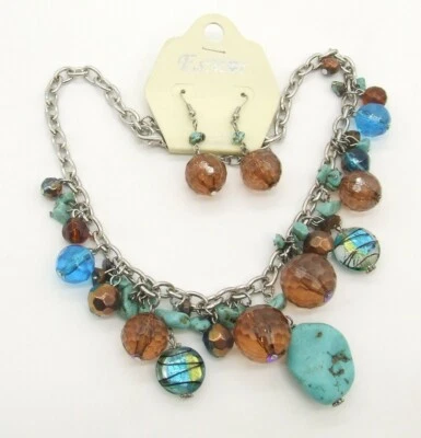New 18" Esmor Silver-T Faux Turquoise/Amber Lucite Dangle Bead Necklace/Earrings - Image 1 of 3