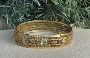 1930s Deco Edwardian Filigree Gold Tone Green Stone JHP Bangle Bracelet #7 - Picture 1 of 11