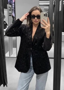 NEW ZARA SEQUINNED VELVET BLAZER REF 9433/976 SIZE M - Picture 1 of 6