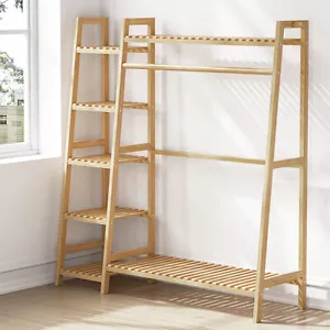 Wooden Clothes Rail Rack Garment Stand Corner Open Wardrobe w/ Bottom&Top Shelf - Picture 1 of 44