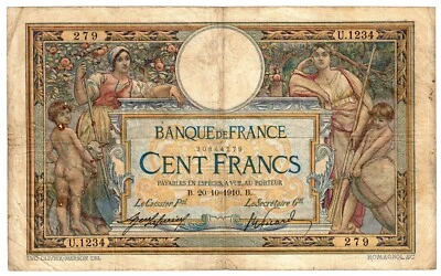 1910 France 100 Francs circulated banknote P71a Luc Olivier Merson U1234279 - Image 1 of 2