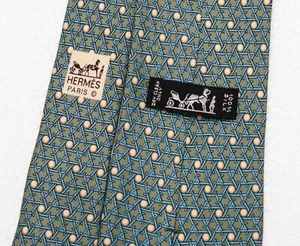 HERMES Tie Silk Necktie 7882 MA Geometric in Green 100% Auth Used in Japan  - Picture 1 of 5