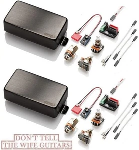 EMG 81 + 85 BRUSHED BLACK CHROME HUMBUCKER PICKUP SET SHORT SHAFT POTS & WIRING - Picture 1 of 2
