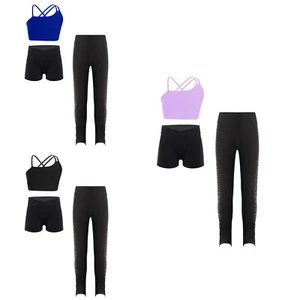 Kids Girls Vest With Trousers Yoga Crop Top And Shorts Pants Fitness Tracksuit - Picture 1 of 31