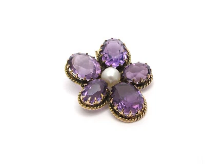 VINTAGE ANHÄNGER GOLD 585 AMETHYST OVAL PERLE BLUME JG 940100071000012 - Bild 1 von 4