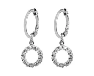 925 Sterling Silver Cubic Zirconia Open Circle Huggie Hoop Dangle Drop Earrings - Picture 1 of 4