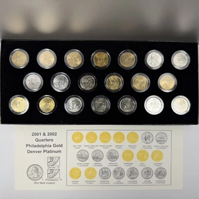 Uncirculated 2001 & 2002 QUARTERS Layered GOLD & PLATINUM  Den & Penn  with COA - Image 1 of 2