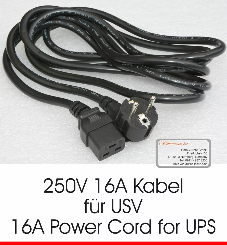 16A STROMKABEL POWER CABLE MIT IEC320 IEC320/C19 PLUG FÜR UPS USV SERVER NEU NEW - Bild 1 von 1