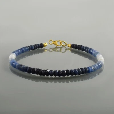Natural Shaded Blue Sapphire 4-5mm Beads 925 Silver Handmade Unisex Bracelet - Image 1 of 4