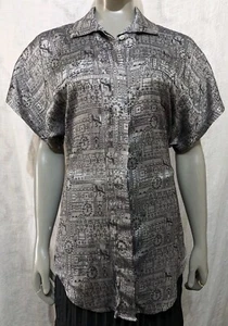 Vintage 1980s All That Jazz Silver Black Medieval Print Blouse/Top S/M - Picture 1 of 16