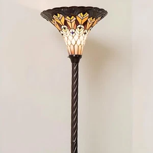 Tiffany Style Peacock Torchiere Stained Glass Floor Lamp with Bronze Twist Base - Picture 1 of 8