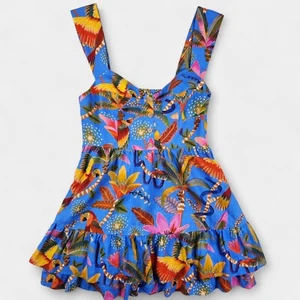 Farm Rio Macaw Party Mini Dress Women's Large Blue Tropical Print Linen Blend - Picture 1 of 18