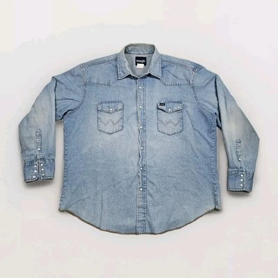 Camisa masculina vintage Wrangler denim pérola snap manga longa country rodeio cowboy - Imagem 1 de 4