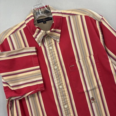 Vintage Tommy Hilfiger Shirt Mens Medium Red Striped Button Down Crest Logo 90s - Image 1 of 4