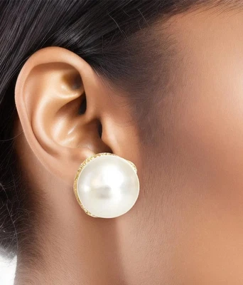 Cream Bubblegum Pearl Clip On Earrings Stud Gold Plated Wedding Prom Pageant - Image 1 of 4