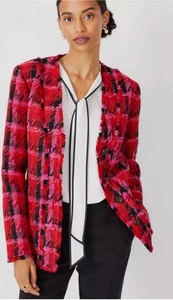 ANN TAYLOR Women 4 PINK MULTI HOUNDSTOOTH TWEED LONG Blazer JACKET - Picture 1 of 10