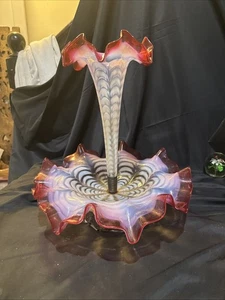 Early 20th Century Fluted Epergne Opalescent White Cranberry Ruffle 2 Piece 14 I - Picture 1 of 18