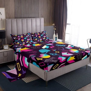 80s 90S Fashion Style Sheet Set Queen Size,Retro Memphis Style Pattern with G... - Picture 1 of 7