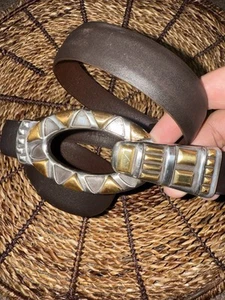 Chico's Brown Split Leather Silver Hook Buckle Belt Size M/L 26”-44” Adjustable - Picture 1 of 9