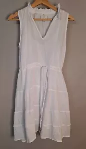 Joie White Gauze Lined 100% Cotton Sleeveless Ruffle Tie Waist V-Neck Dress Sz M - Picture 1 of 9