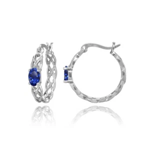 Celtic Knot Created Blue Sapphire Round Hoop Earrings in Sterling Silver - Picture 1 of 3