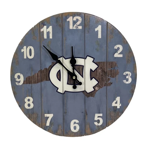 North Carolina Tar Heels Rustic Wall Clock Battery 14" Diameter Wood White Blue Cover