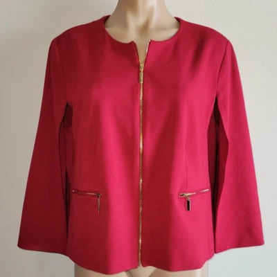 Chicos NWT 2 Large 12-14 Red Ponte Zipper Front Gold Cape Blazer Jacket - Image 1 of 4