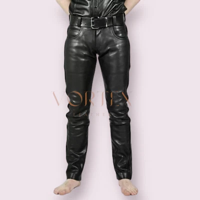 Men's Black Leather Pant Real 100% Lambskin Leather Gay Classic Biker Pants LGBT - Image 1 of 4