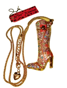 BETSEY JOHNSON MULTICOLORED Rhinestone Hi-Heeled Boot Pendant Necklace 3~D - Picture 1 of 2