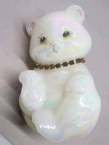 Fenton Glass Teddy Bear Figurine Birthstone Blue Topaz Necklace December Signed - Picture 1 of 6