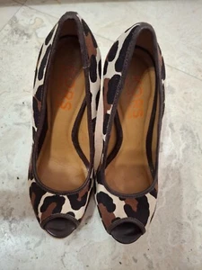 Michael Kors  7 Flora Canvas w/ Cork & Leather High Heel Platform Peep Toe Shoes - Picture 1 of 4