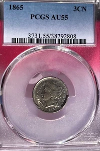 1865 Three Cent Nickel - PCGS AU55 3CN ~~free Shipping! - Picture 1 of 5